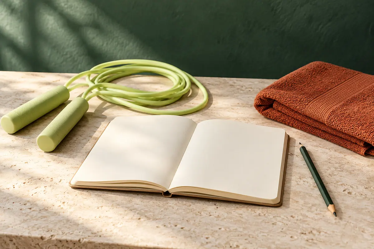 Caderno em branco, corda de saltar e toalha terracota.