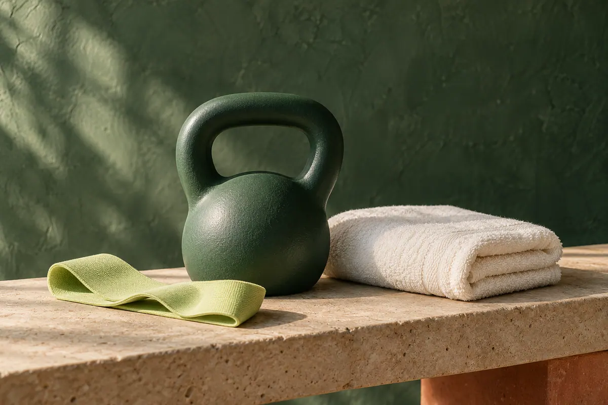 Kettlebell verde, faixa elástica e toalha clara.