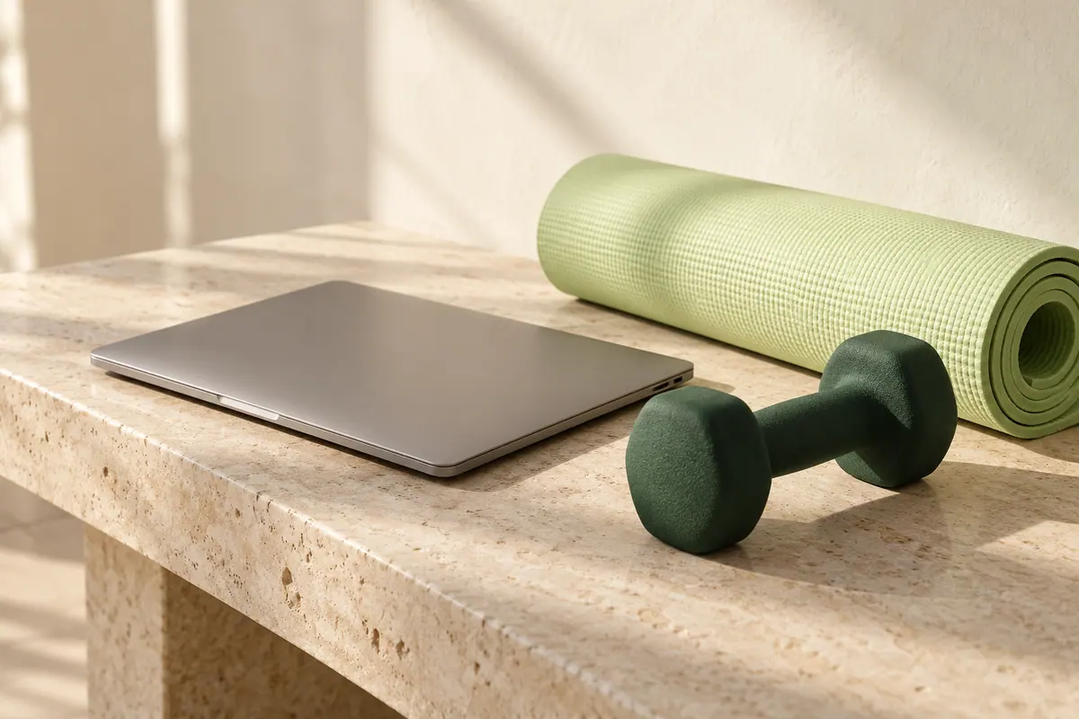 Computador portátil fechado, haltere e tapete de exercício enrolado.