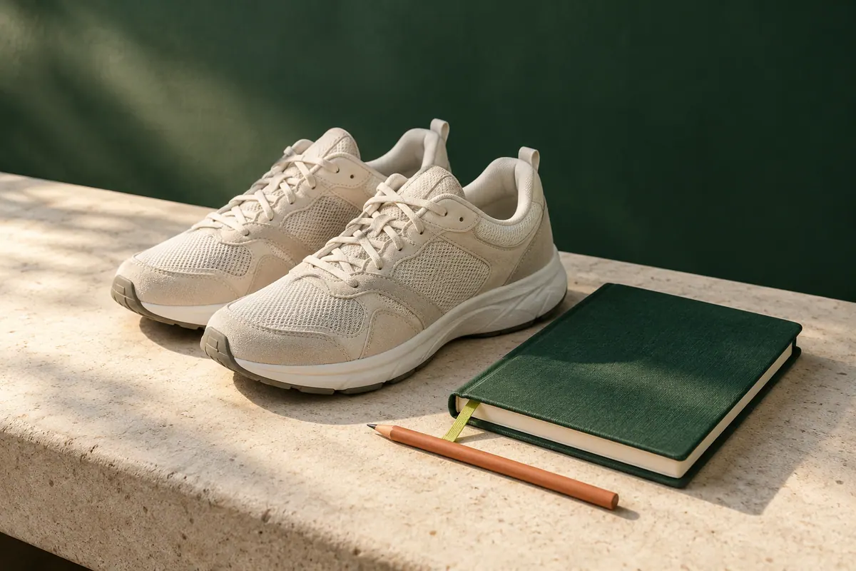 Sapatilhas, caderno verde com fita lima e lápis terracota.